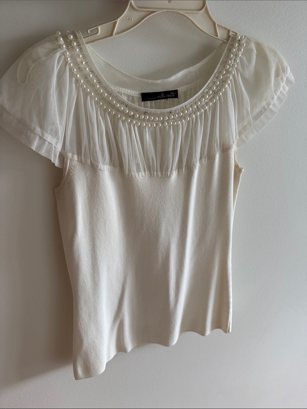 Willi Smith Ivory Pearl-Embellished Sheer Yoke Camisole